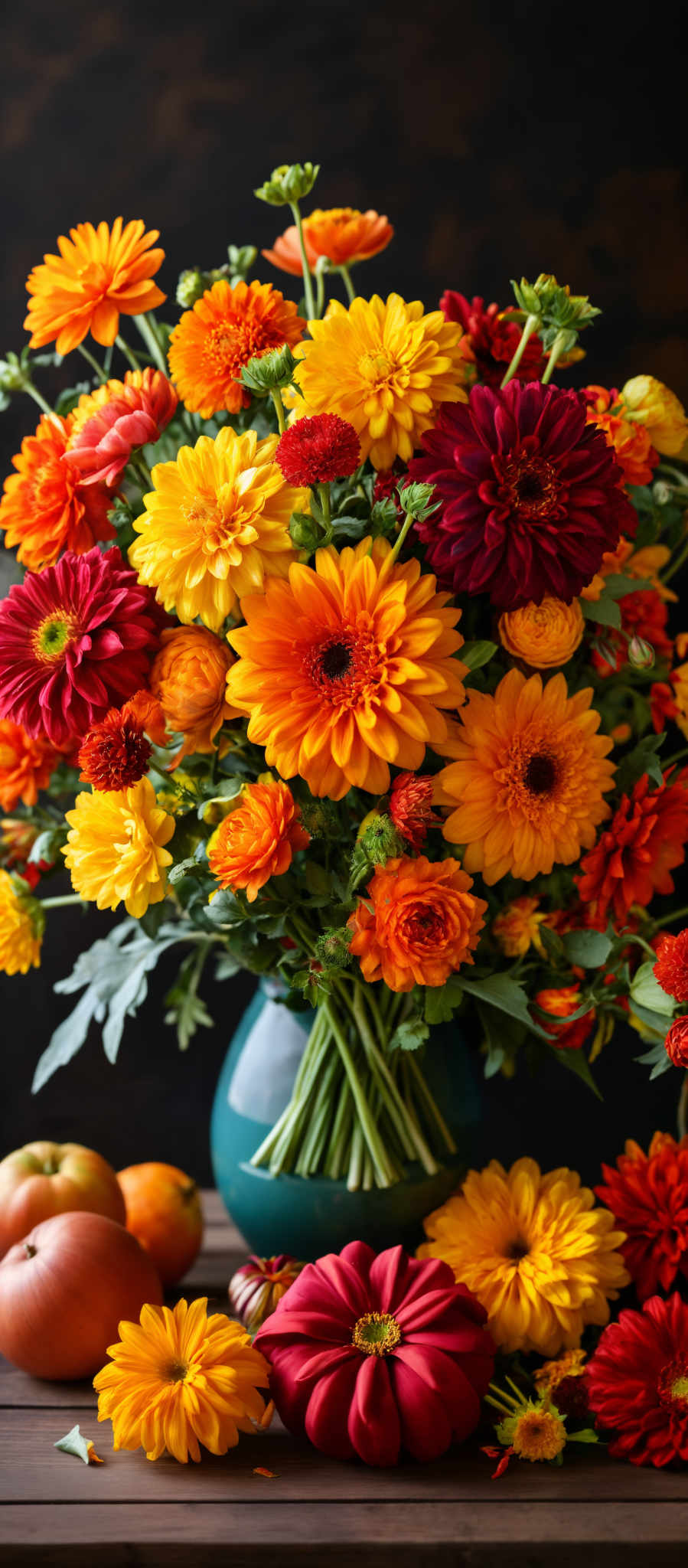 A vibrant bouquet of flowers in a blue vase. The bouquet is a lively mix of red yellow and orange flowers. The red flowers are the largest and are positioned on the outer edges of the bouquet. The yellow flowers are in the middle and the orange flowers are on the inner edges. The blue vase is in the center of the arrangement. The flowers are arranged in a circular pattern creating a beautiful and colorful display.