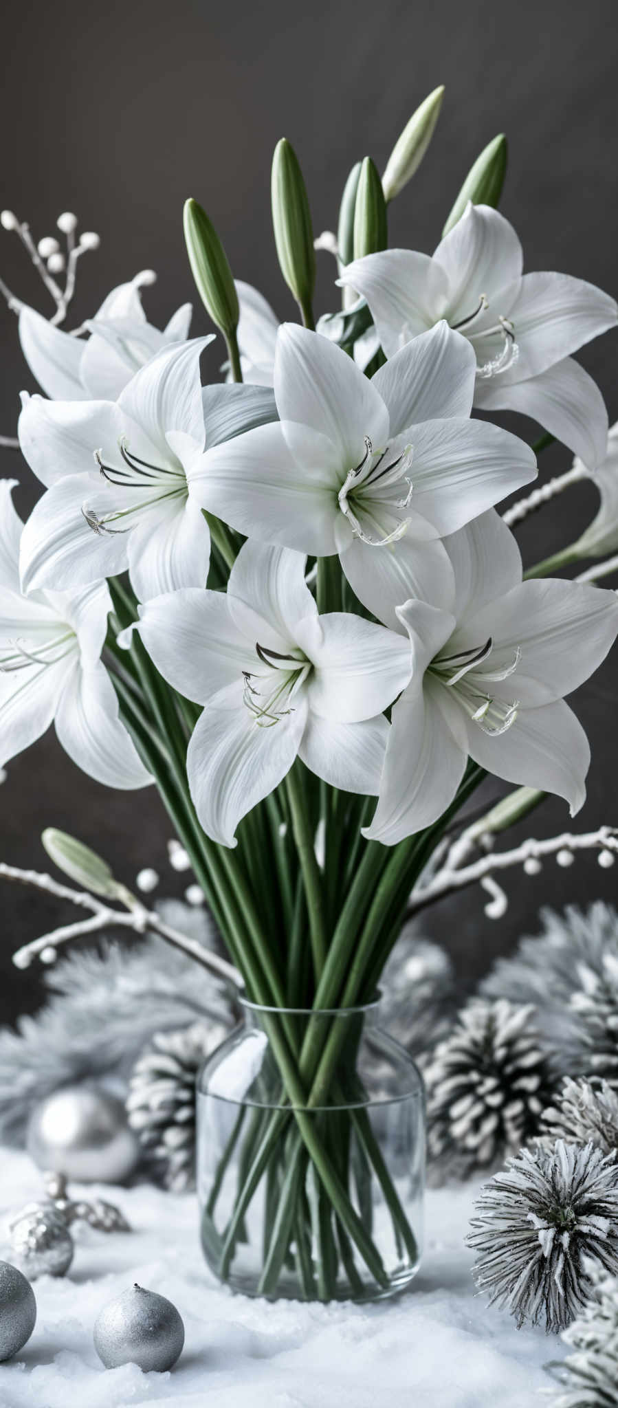 A bouquet of white lilies with green stems and leaves.