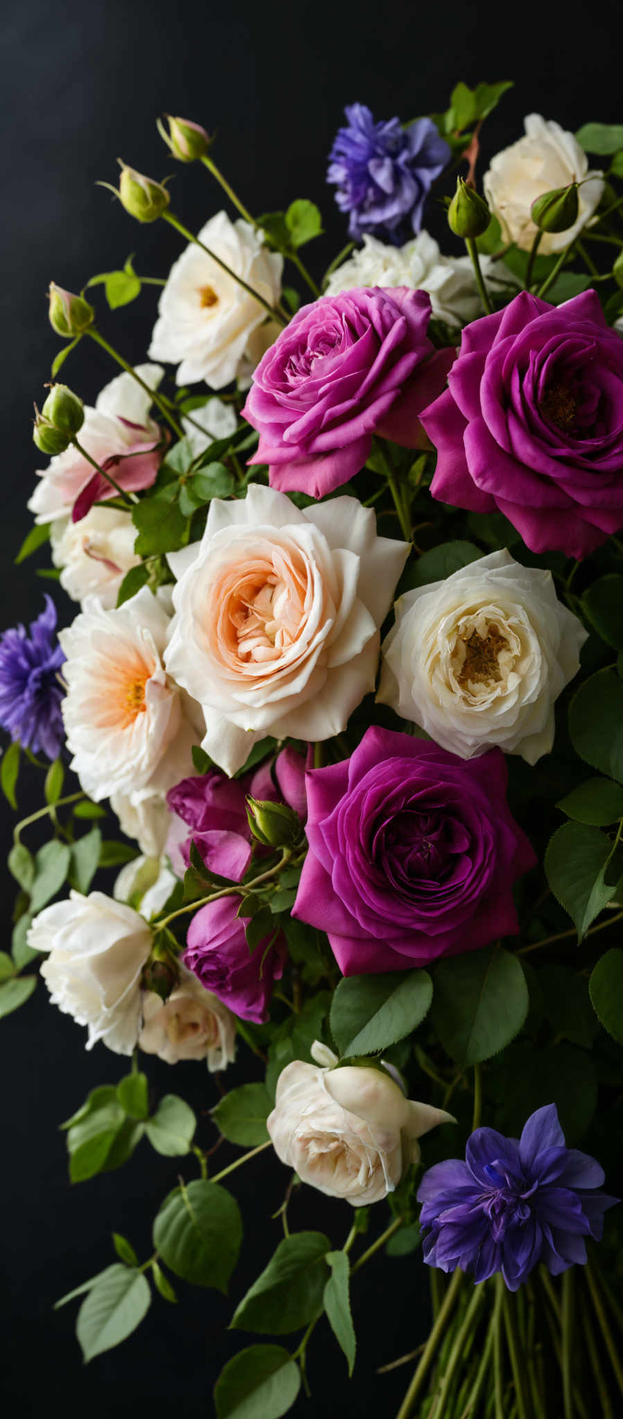 A beautiful bouquet of roses in various colors including pink purple white and orange.