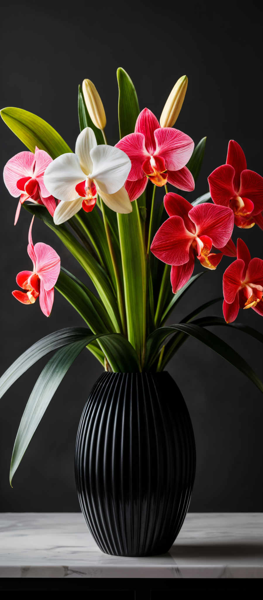 A black vase holds a bouquet of red and white orchids.