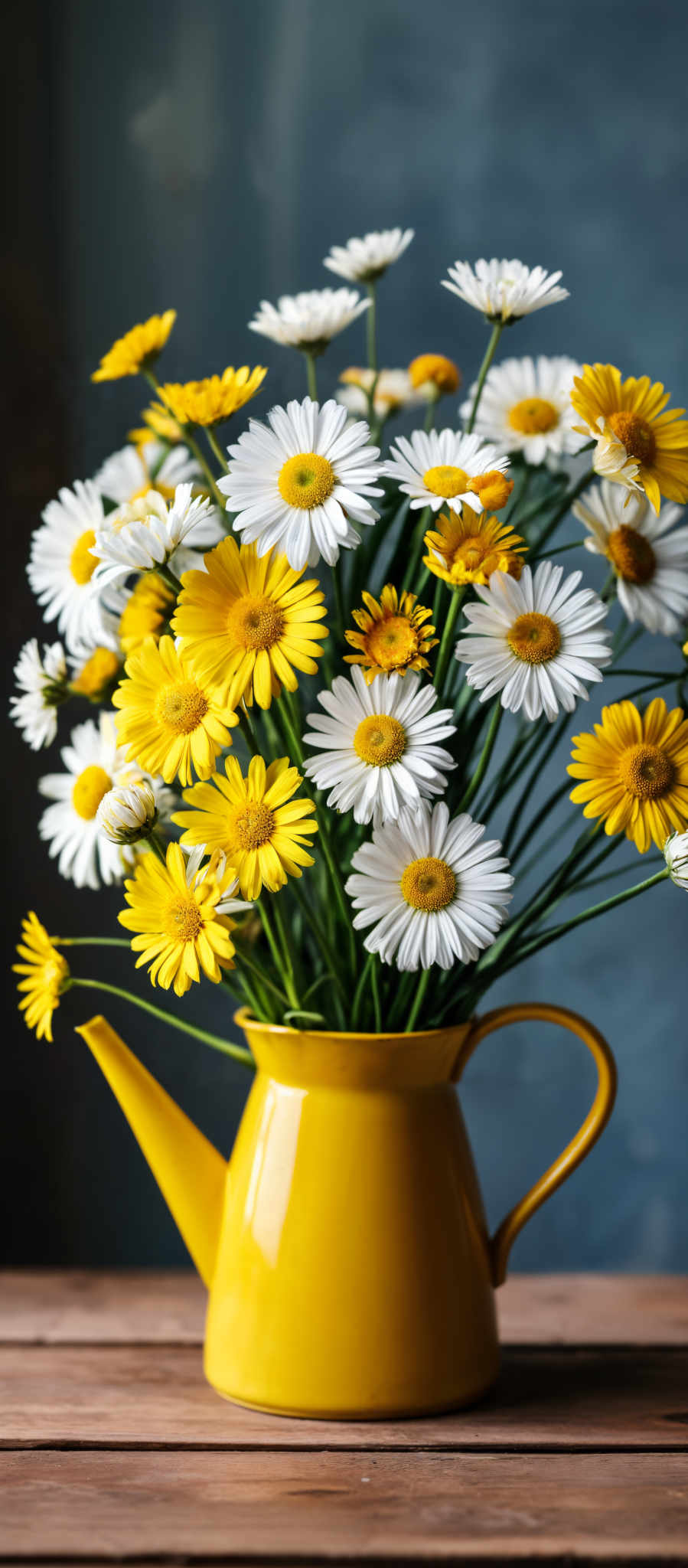 A bouquet of yellow and white daisies in a yellow vase.