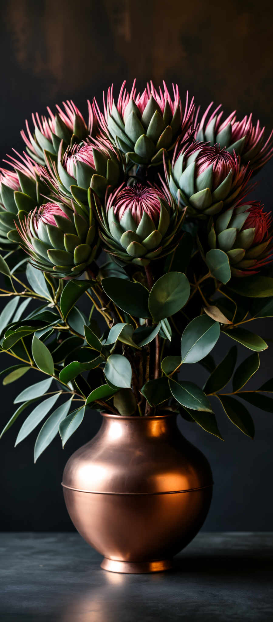 A bouquet of pink and white flowers with green leaves in a copper vase.