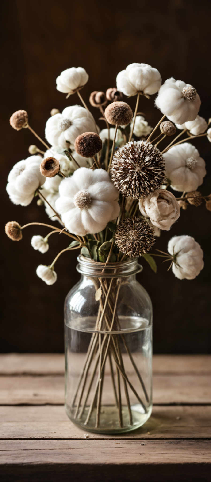 A bouquet of flowers in a glass jar. The flowers are white and brown.