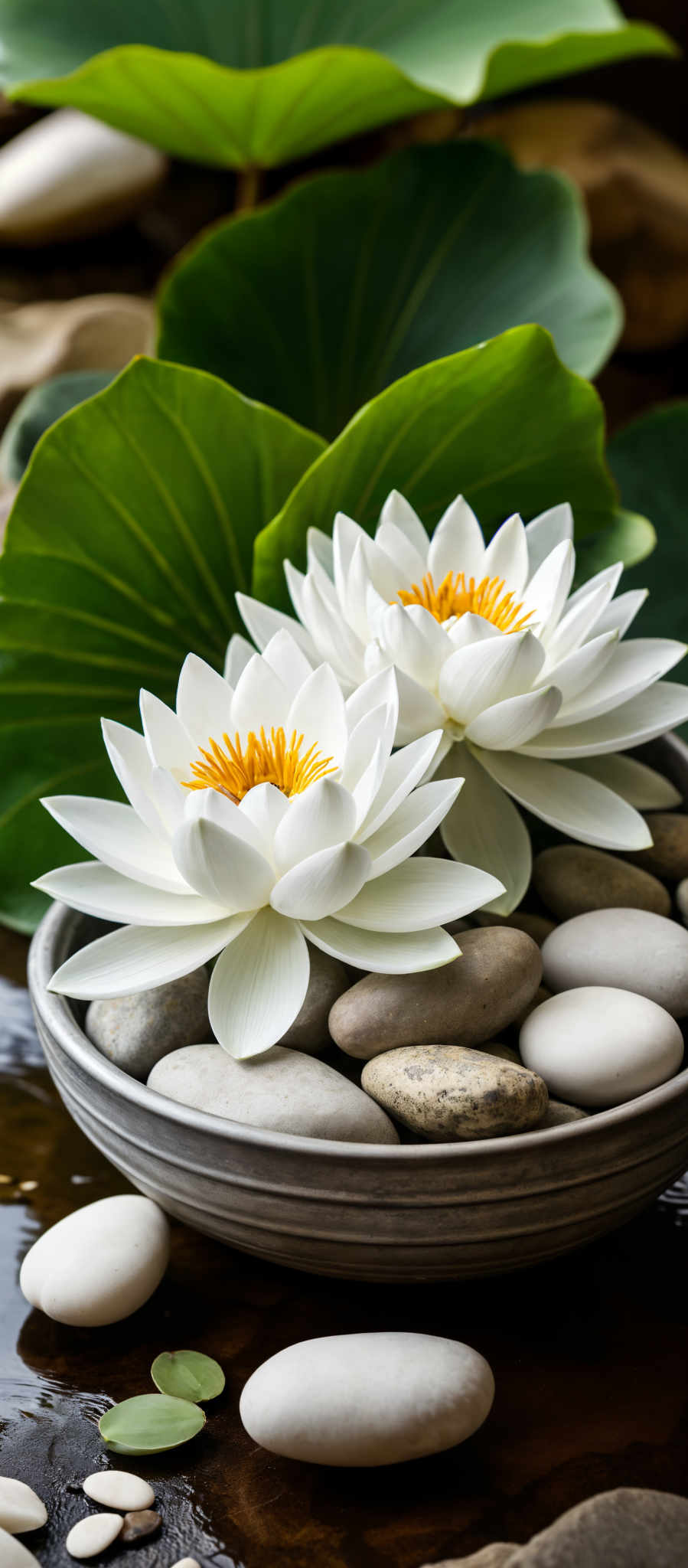 A bowl of rocks and white lilies with yellow centers.