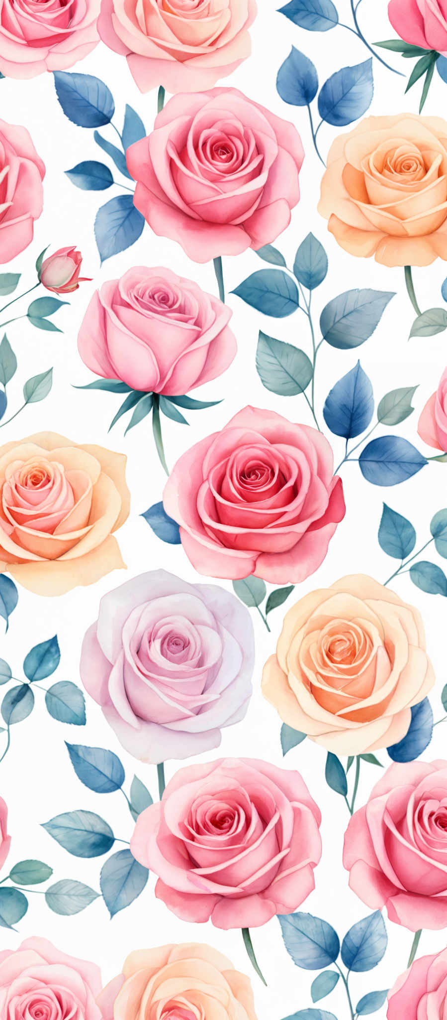 The image presents a delightful array of roses in various shades of pink peach and orange. Each rose is meticulously detailed showcasing the intricate layers of their petals. The roses are not alone; they are accompanied by green leaves that add a touch of nature to the composition. The background is a stark white which serves to highlight the vibrant colors of the roses and leaves. The arrangement of the flowers and leaves is such that they are evenly distributed across the image creating a harmonious balance. The image does not contain any text or other discernible objects. The overall impression is one of a carefully crafted digital illustration.