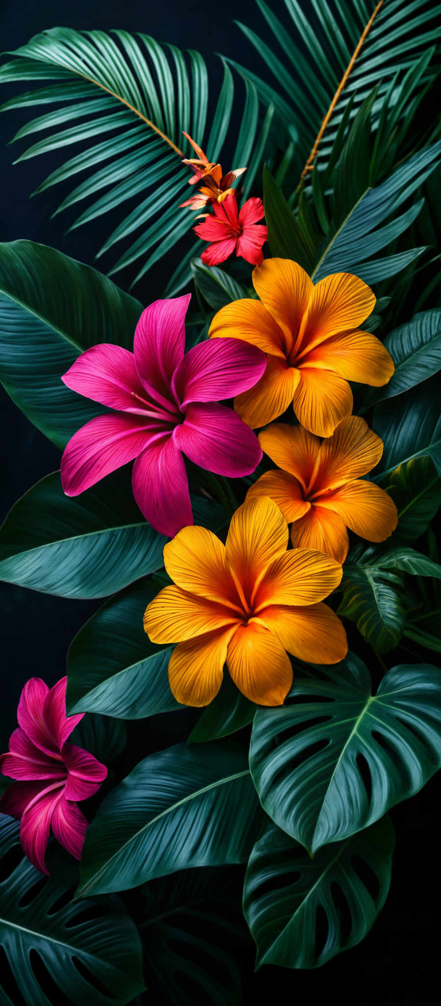 A vibrant display of hibiscus flowers in shades of pink yellow and orange.