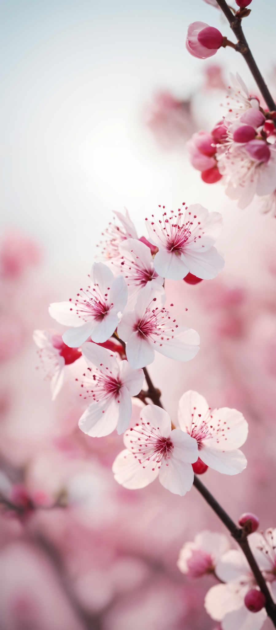 A cluster of white cherry blossoms with red centers.