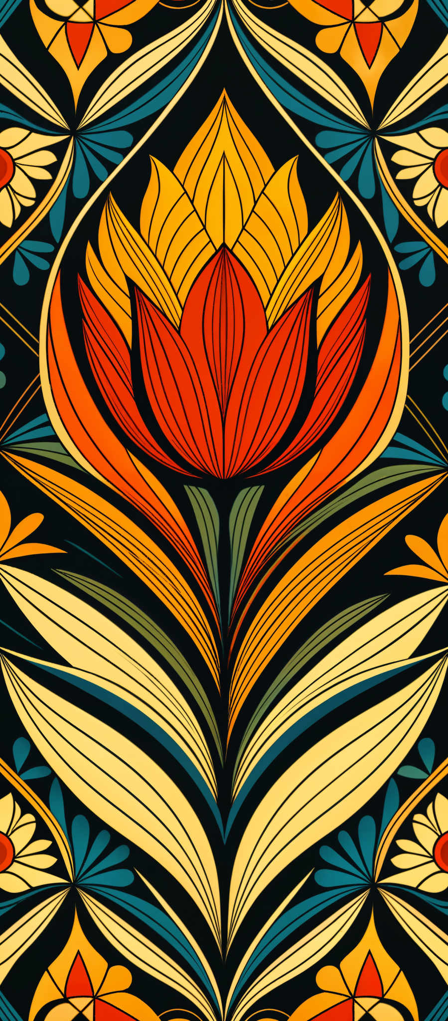 A vibrant illustration of a flower with a red center and orange petals. The flower is surrounded by a variety of leaves and stems creating a lively and colorful scene. The background is a stark black which contrasts with the bright colors of the flower and leaves making them stand out. The image is a beautiful representation of nature's beauty captured in an abstract and artistic way.