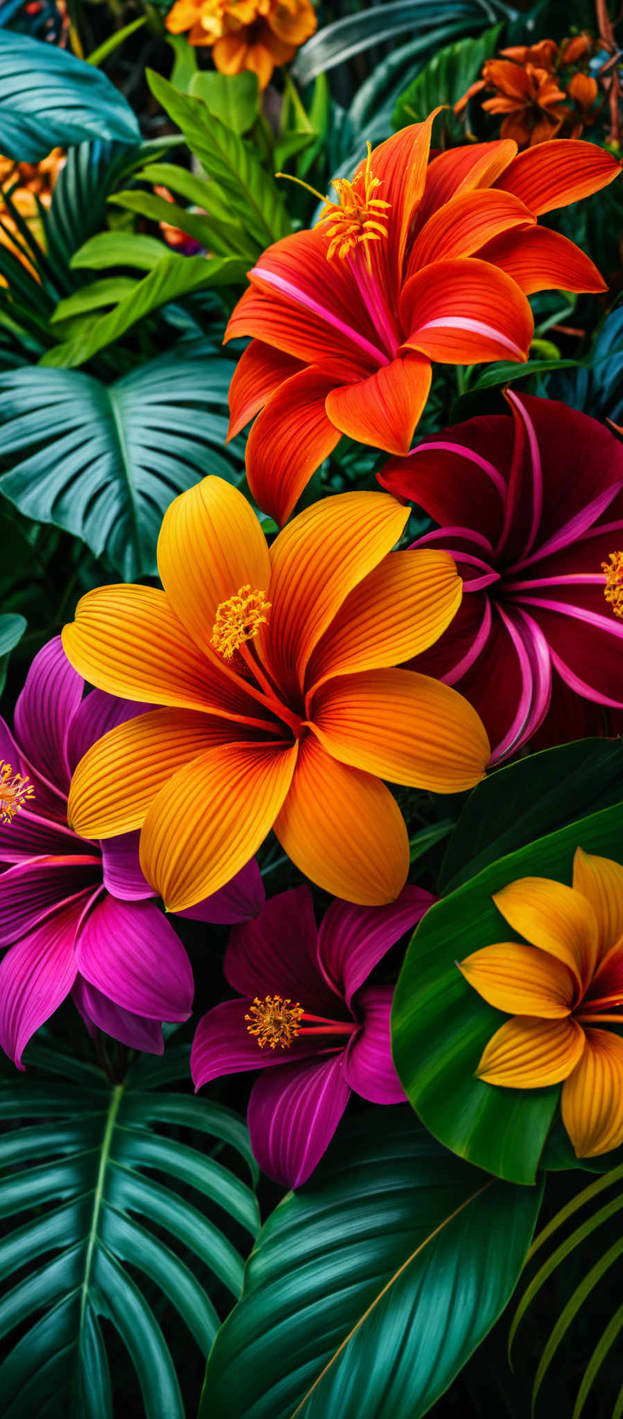 A vibrant display of tropical flowers in various colors including red orange yellow pink and purple.