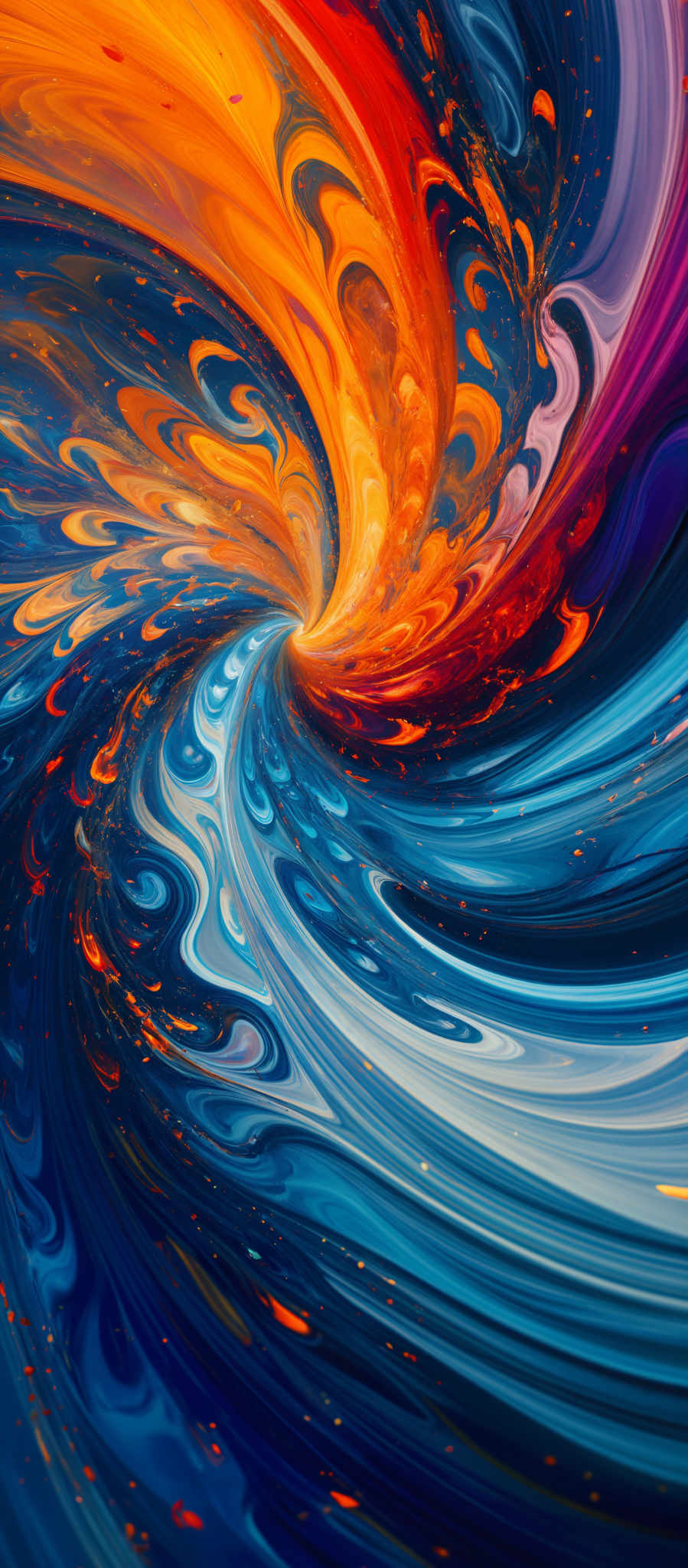 A vibrant abstract painting with swirling patterns in blue orange and red.