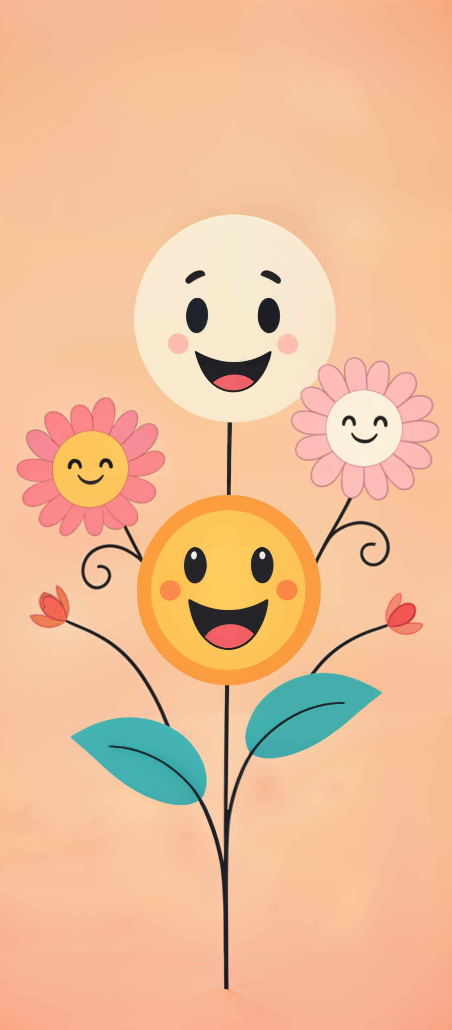 Three smiling faces are surrounded by flowers.