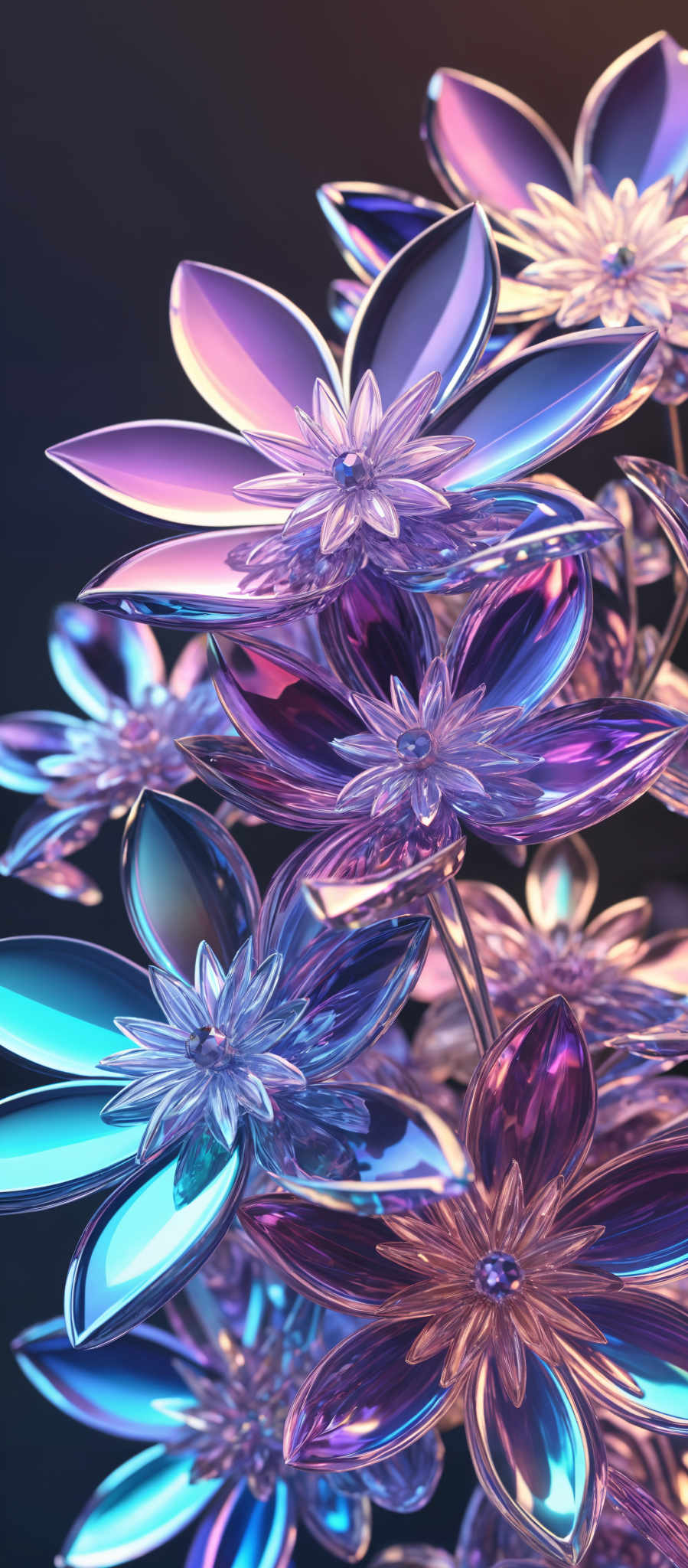 A close up of a cluster of glass flowers in shades of purple and blue.