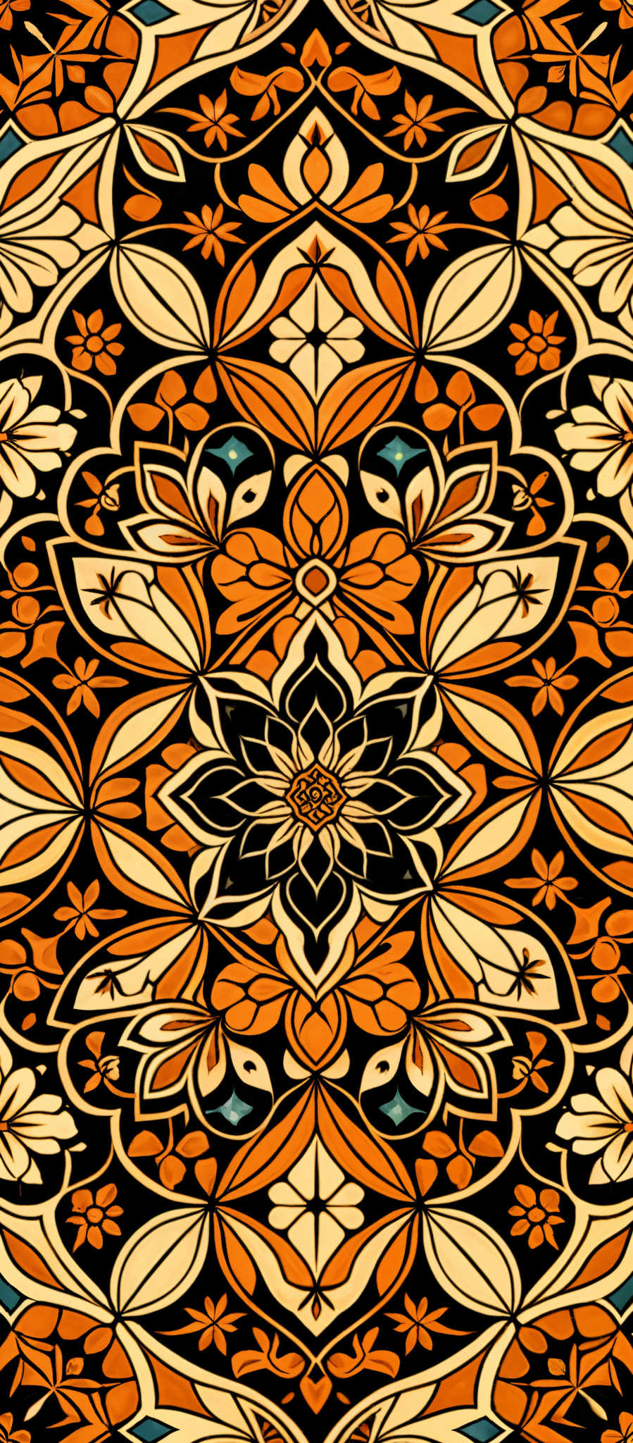 A vibrant and intricate pattern of orange and black flowers and leaves. The design is symmetrical and features a large flower at the center. The flowers are detailed and the leaves are stylized adding to the overall complexity of the design. The colors are rich and the pattern is dense making it visually striking. The image is a beautiful representation of nature's beauty captured in an abstract and artistic way.