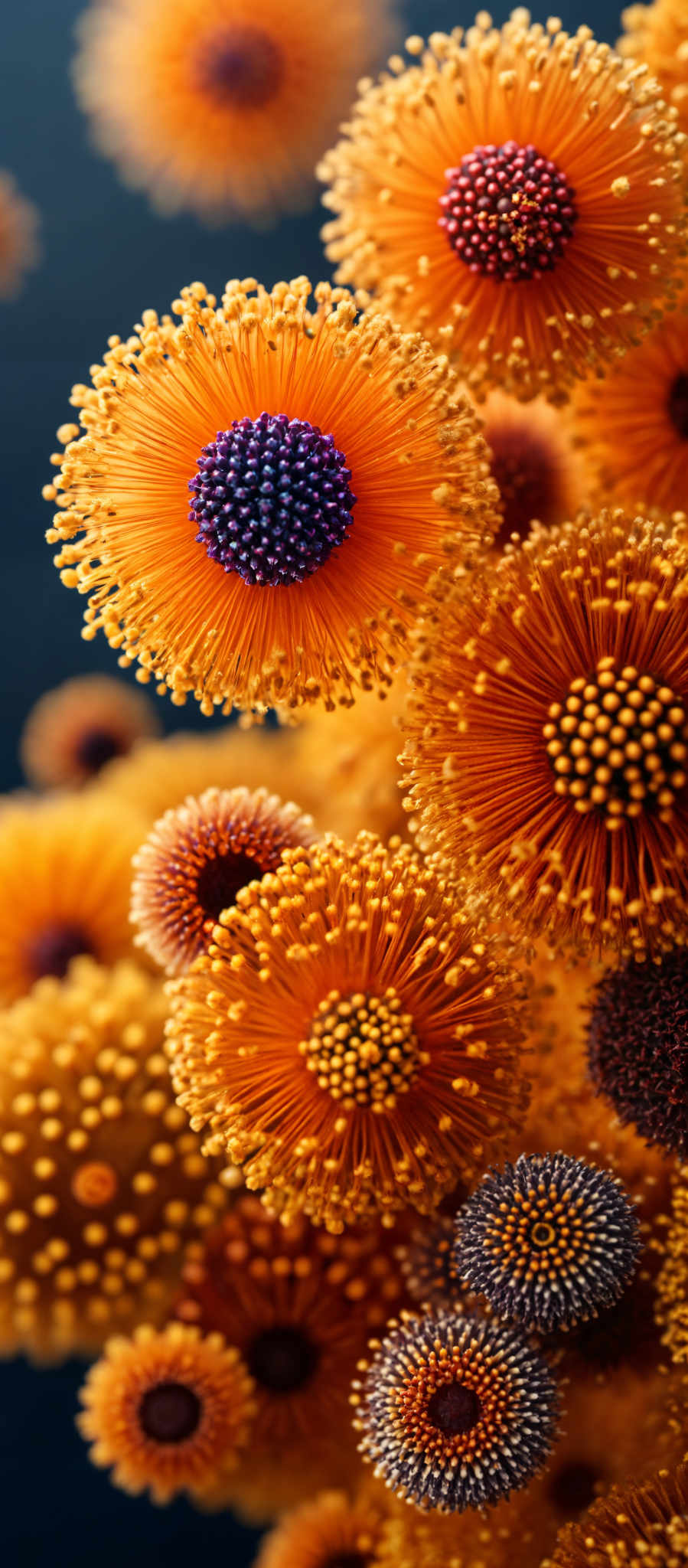 A cluster of vibrant orange flowers with purple centers.