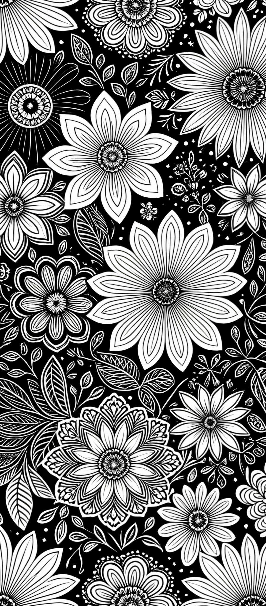 A black and white image of various flowers and leaves.