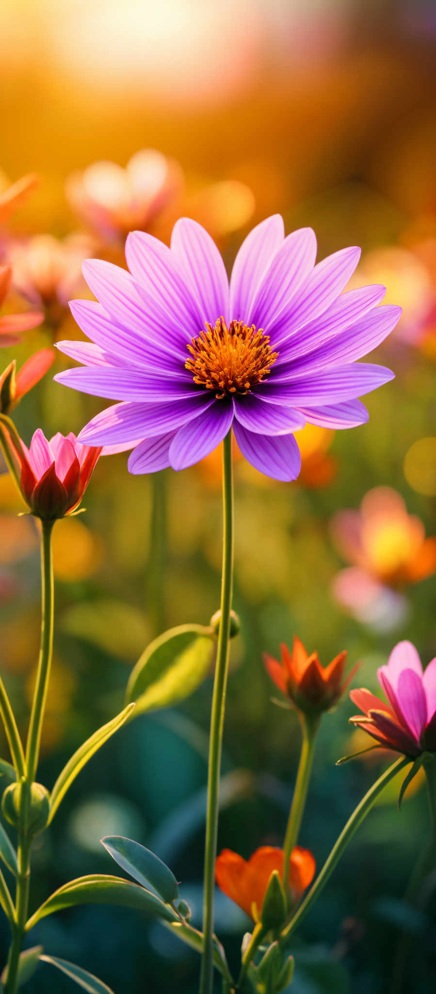 A vibrant purple flower with a yellow center is surrounded by a variety of other flowers.