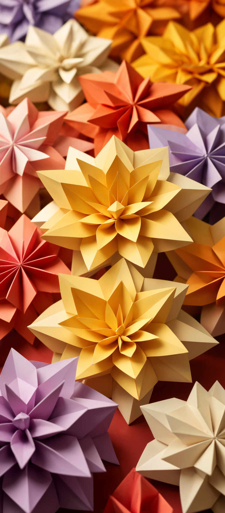 A collection of origami flowers in various colors including yellow orange pink and purple.