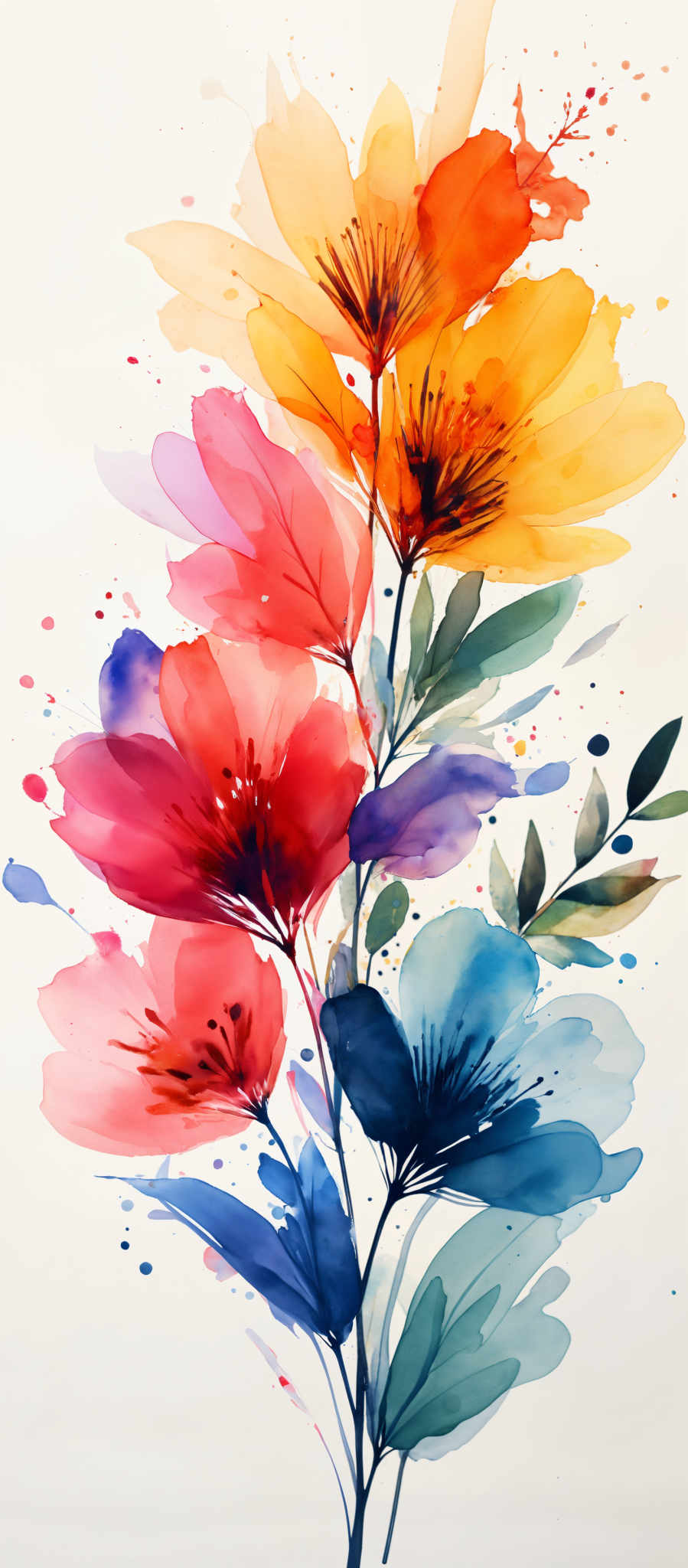 A vibrant watercolor painting of flowers in various colors including red orange yellow blue and purple. The flowers are arranged in a vertical line with the red flowers at the bottom and the yellow flowers at top. The background is white and adorned with splashes of blue red and yellow. The painting is a beautiful representation of nature's diversity and the artist's creativity.