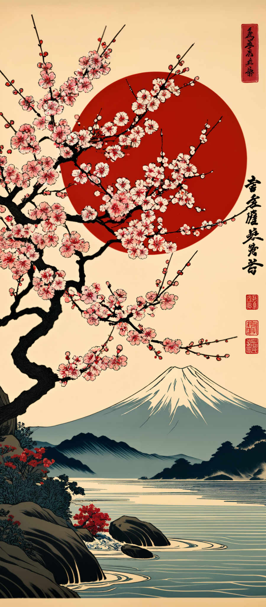 A painting of a cherry blossom tree with a mountain in the background.