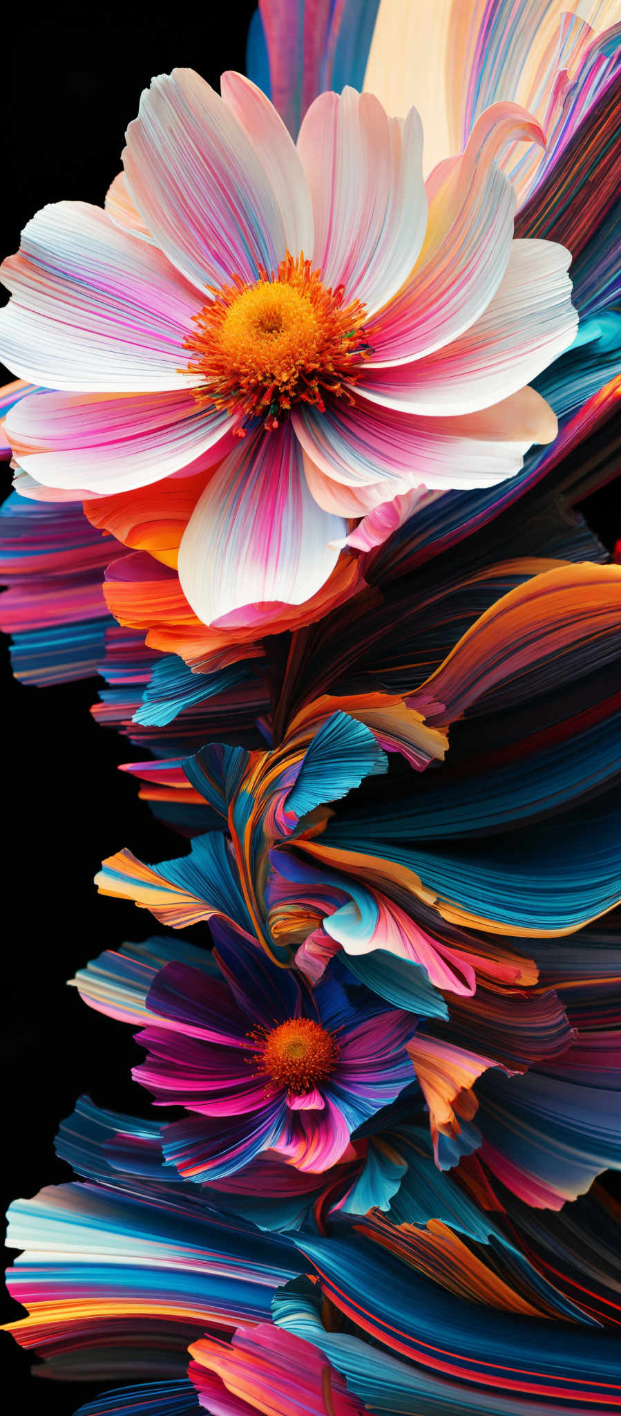 A vibrant abstract image of a flower with a multitude of colors including pink orange blue and purple. The flower is the central focus of the piece surrounded by a sea of swirling lines and shapes that create a sense of movement and energy. The colors are bright and bold adding to the overall vibrancy of the artwork. The abstract nature of the painting leaves room for interpretation inviting viewers to explore their own meanings and emotions evoked by the piece.