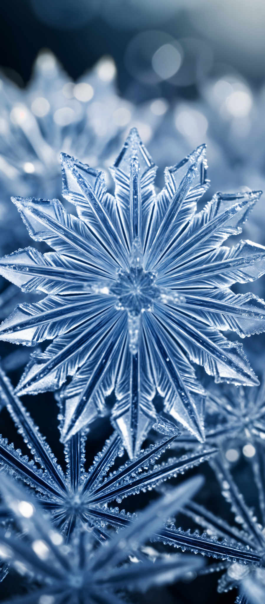 A close up of a snowflake with a blue tint.