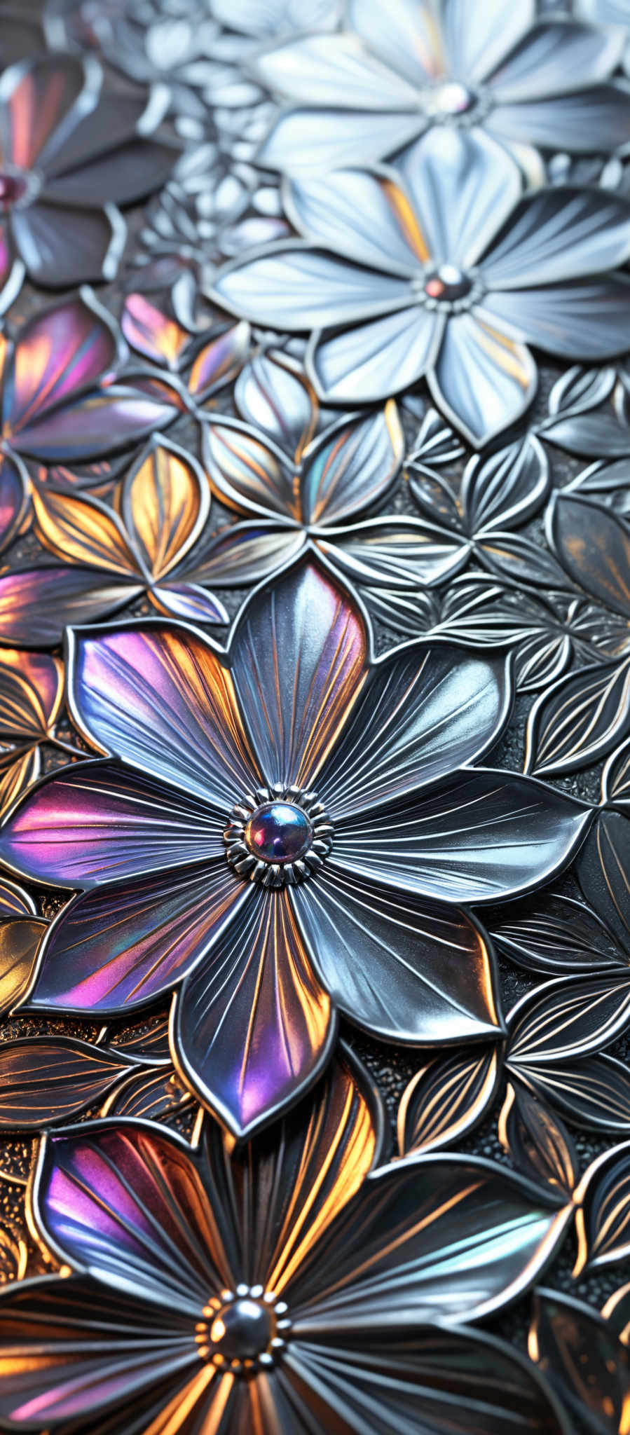 A close up of a flower design on a metal surface. The flower is composed of numerous petals in shades of purple blue and silver. At the center of the flower is a silver bead. The petals are arranged in a circular pattern creating a beautiful and intricate design. The silver bead at the center adds a touch of elegance to the overall design. This image is a stunning example of the beauty that can be achieved through the use of metal and color.