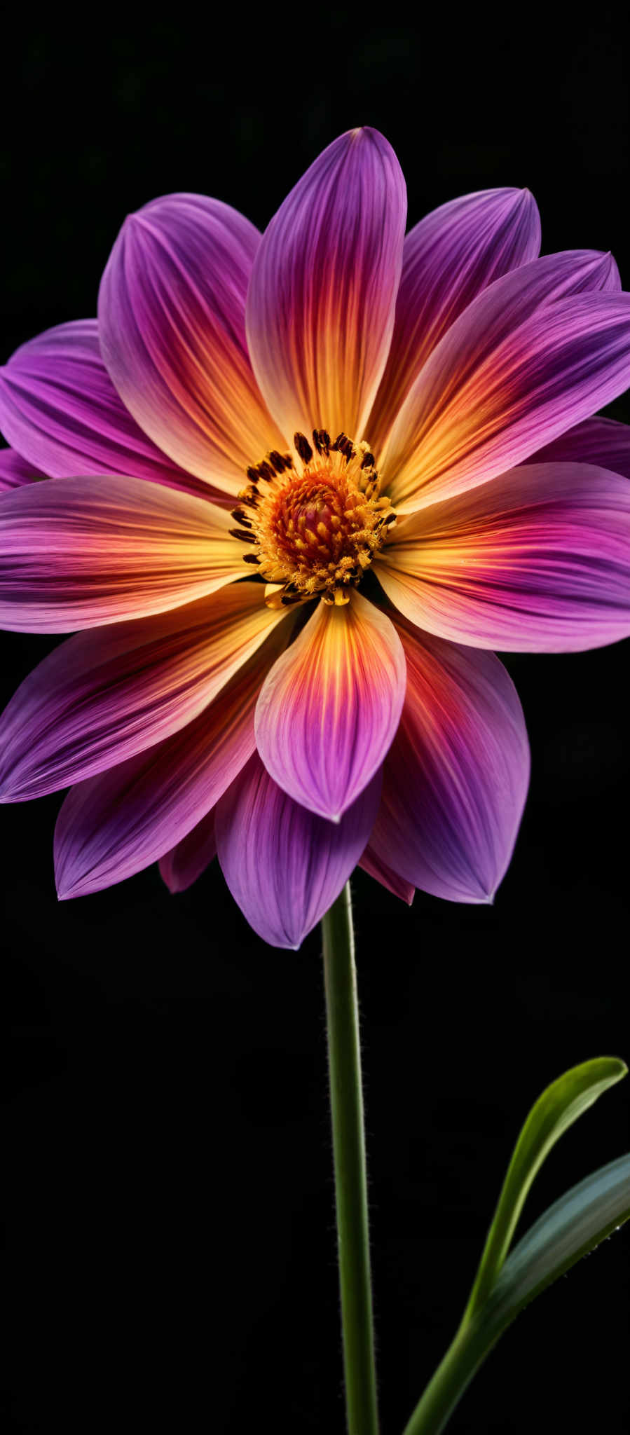 A close up of a purple flower with yellow center.