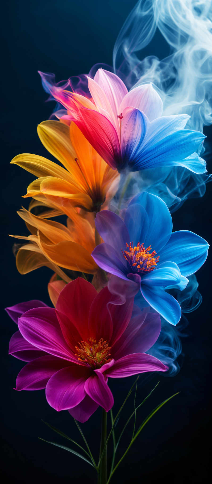 A vibrant display of colorful flowers including red orange yellow blue and purple set against a dark blue background.