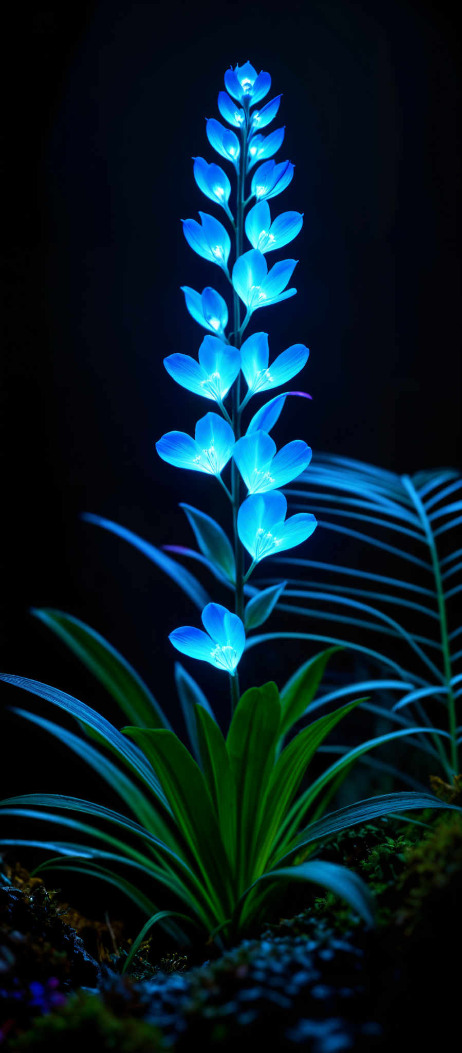 A blue flower with six petals and a purple center.