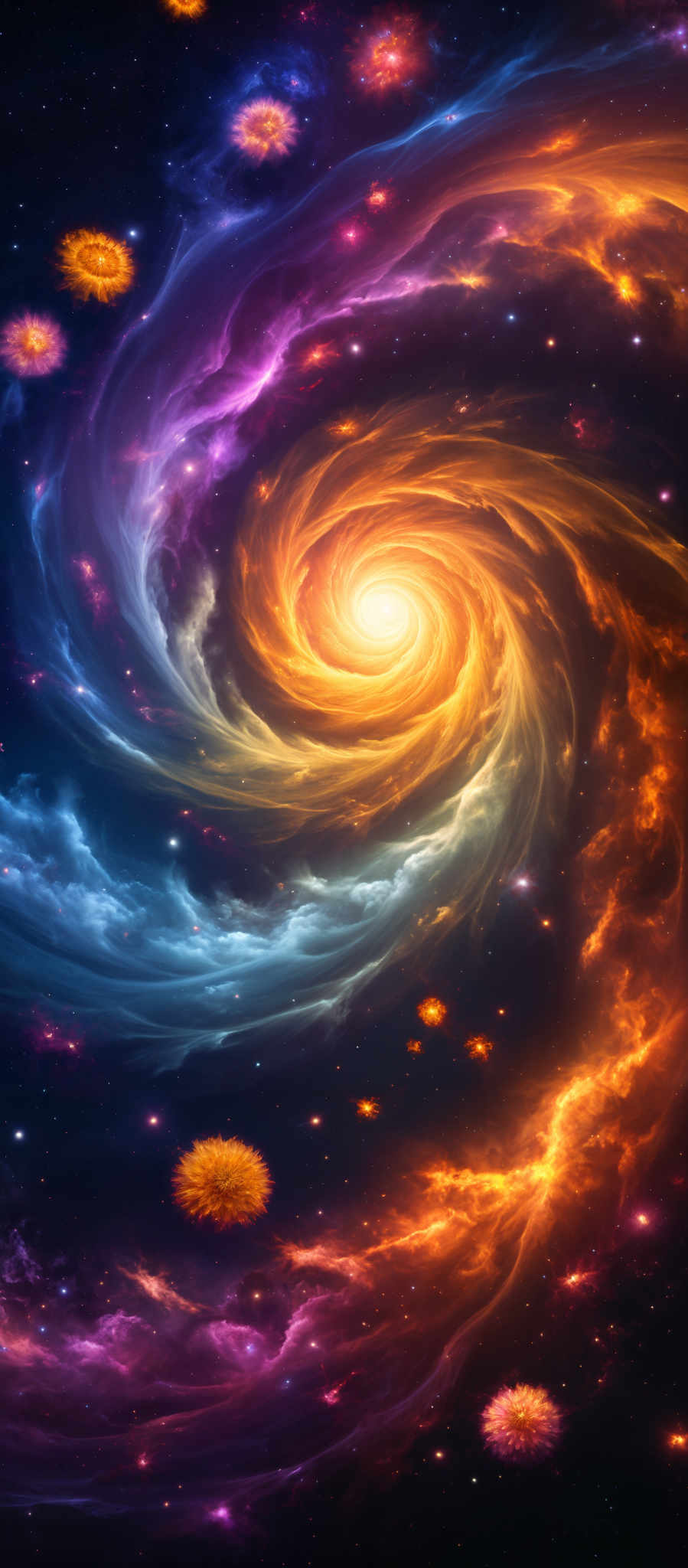 A swirling galaxy with a bright orange center.