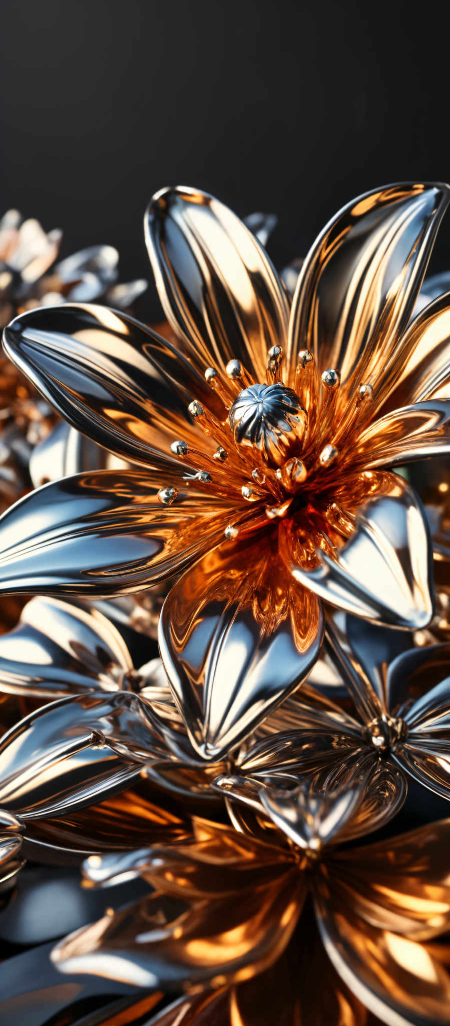 A close up of a flower with a silver background.