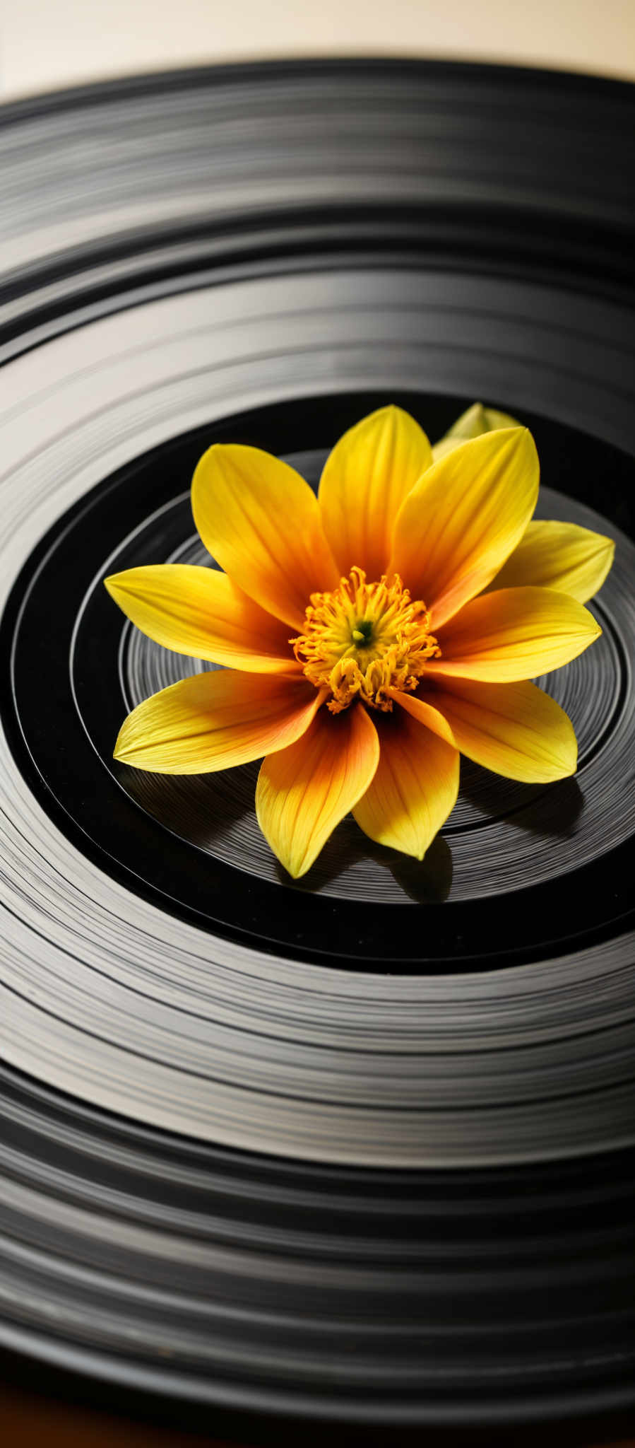 A yellow flower with a yellow center is on a black and white record.