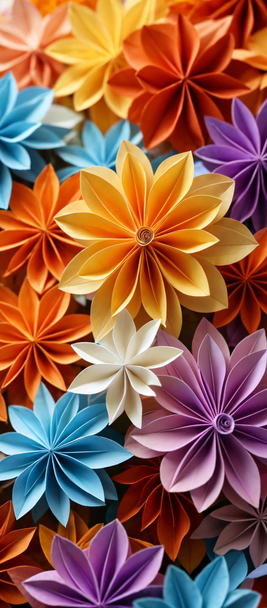 A collection of origami flowers in various colors including orange yellow blue purple and pink.