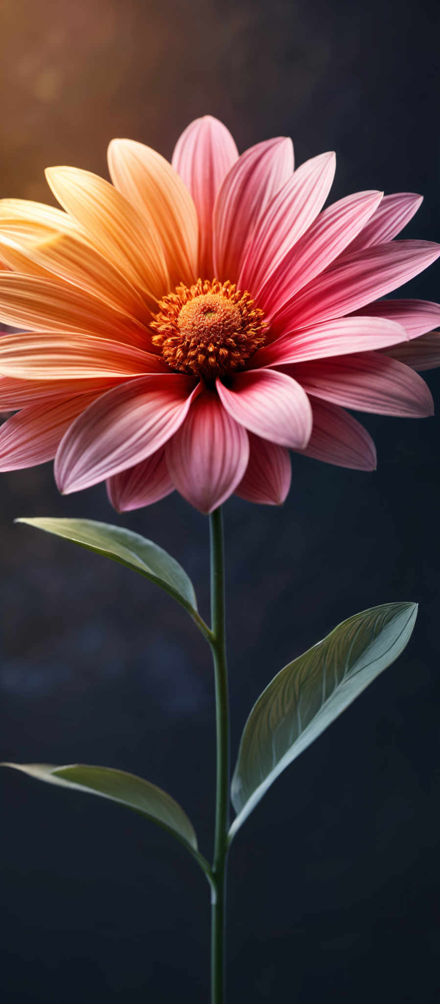 A vibrant pink flower with a yellow center and green leaves.