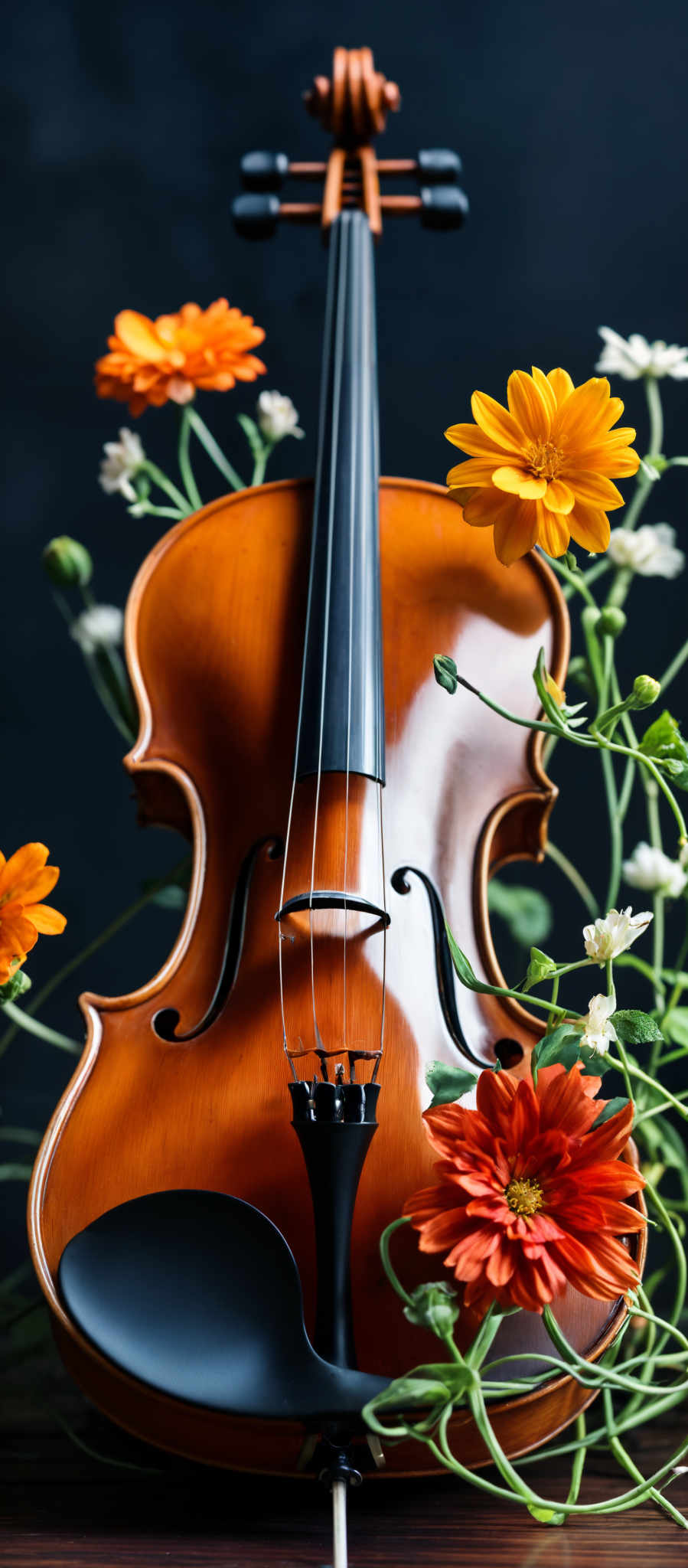 A violin with a black bow and orange flowers in the background.