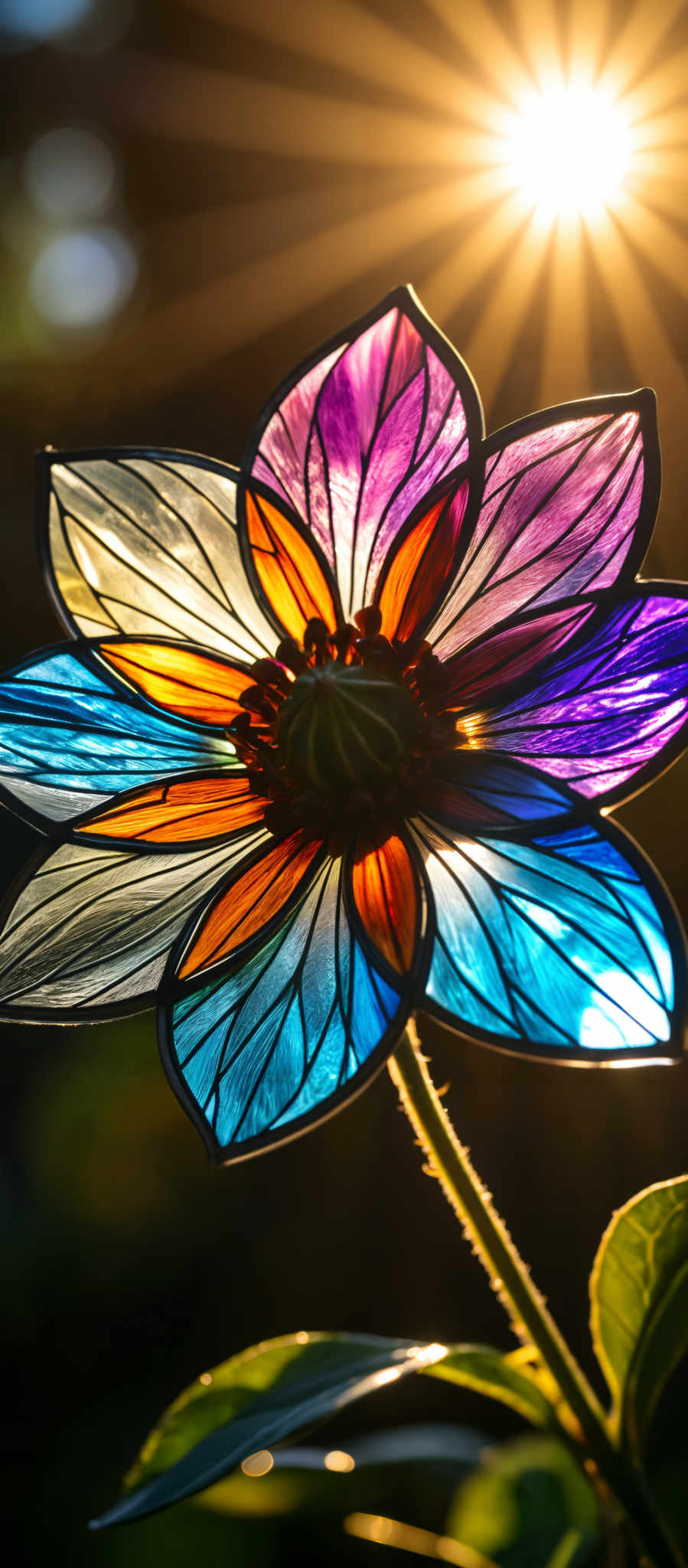 A vibrant stained glass flower with a yellow center.