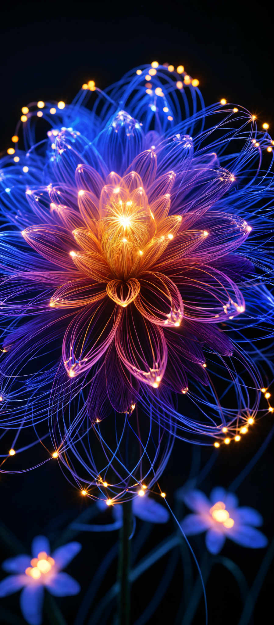 A beautiful purple flower with a yellow center is surrounded by blue and purple lines.