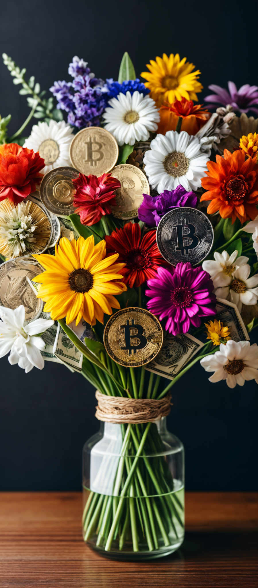 A bouquet of flowers with a variety of coins including Bitcoin.