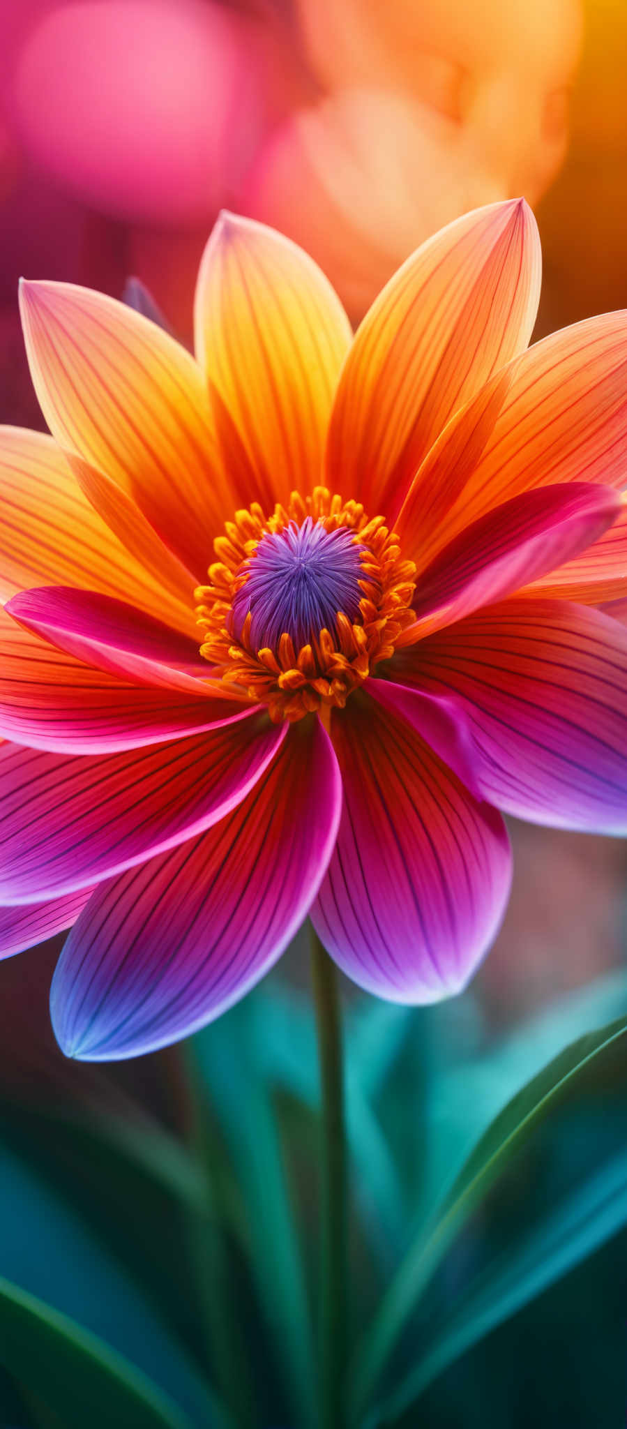 A vibrant flower with a purple center and orange petals.