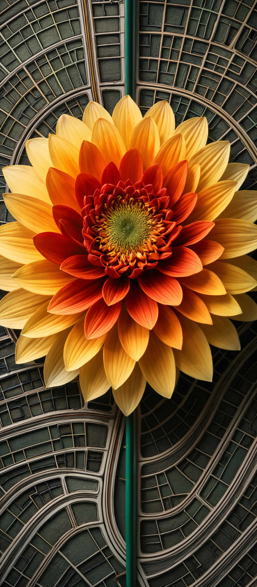 A vibrant flower with a yellow center and red petals.