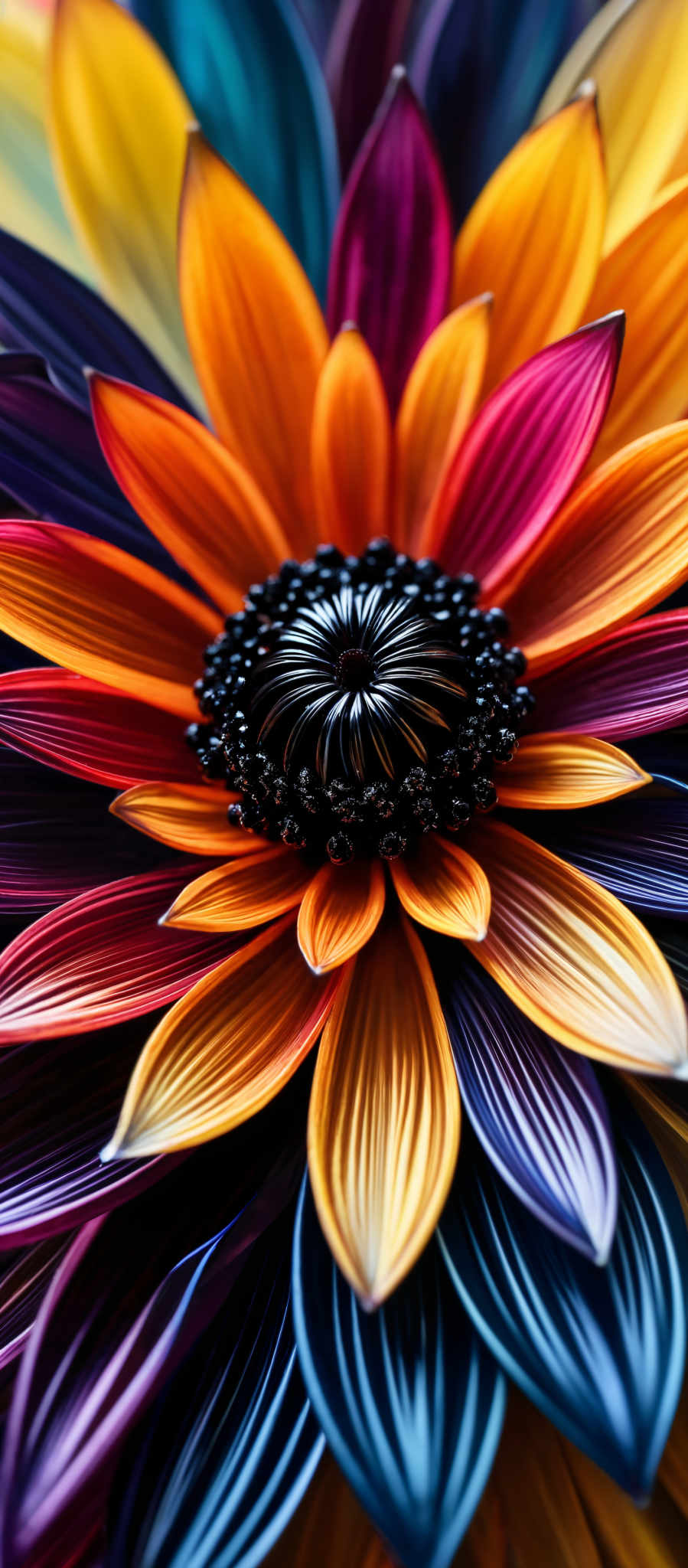 A vibrant flower with a black center and petals in shades of orange yellow and purple.