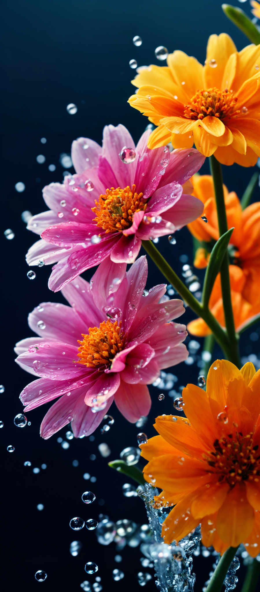 A close up of three flowers two pink and one orange with water droplets on them.