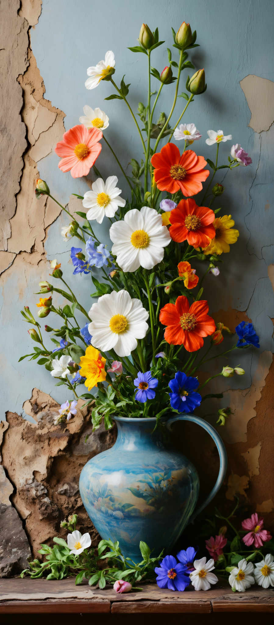 A vibrant bouquet of flowers in a blue vase. The bouquet is a mix of white orange and yellow flowers with a few blue and purple ones. The vase is placed against a backdrop of a blue wall with peeling paint. The flowers are arranged in a loose natural style giving the bouquet a fresh and lively appearance. The blue vase adds a pop of color to the scene complementing the colors of the flowers. The peeling wall in the background adds a rustic touch to the overall image. This image is a beautiful representation of a simple yet elegant floral arrangement.