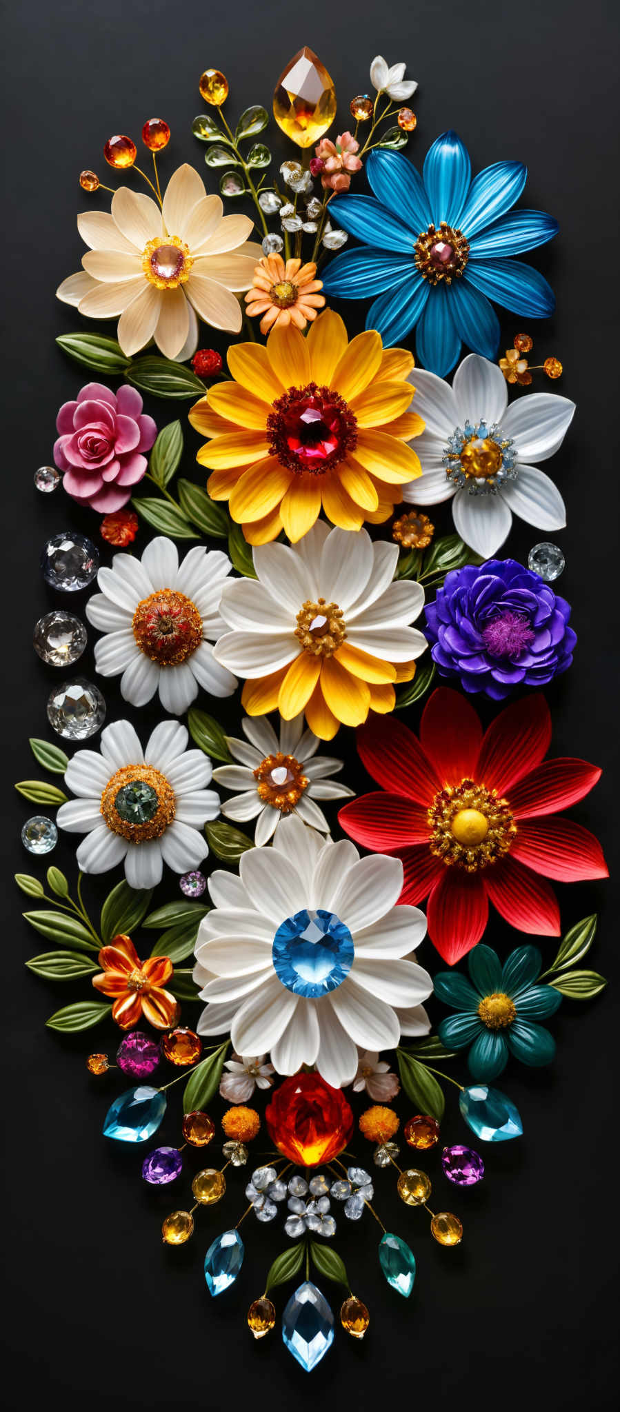 A vibrant display of flowers in various colors including red yellow white blue purple and orange. Each flower is intricately designed with detailed petals and centers. The flowers are arranged in a grid-like pattern creating a visually pleasing and symmetrical layout. The background is black which contrasts with the bright colors of the flowers and makes them stand out. The image is a beautiful representation of nature's diversity and beauty.