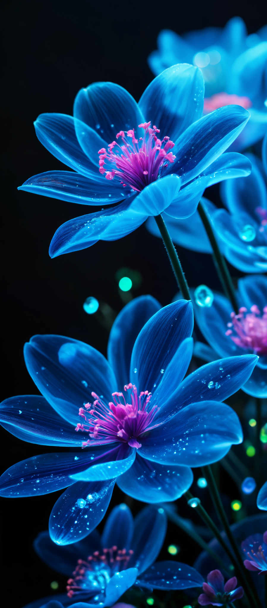 A close up of a blue flower with pink petals and a green center.