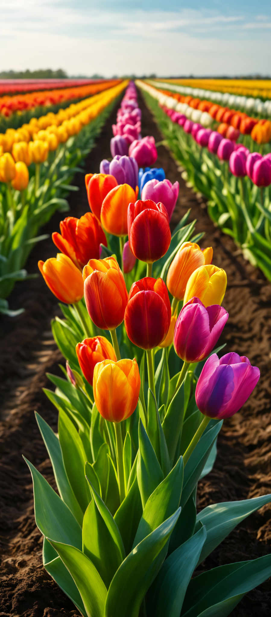 A vibrant display of tulips in a garden. The tulips are in full bloom showcasing a variety of colors including red orange yellow and purple. They are arranged in a neat row with each tulip standing upright and facing the same direction. The garden soil forms a natural backdrop for the tulips enhancing their colors and making them the focal point of the scene. The image captures the beauty and diversity of nature with the tulip blooms symbolizing the arrival of spring.