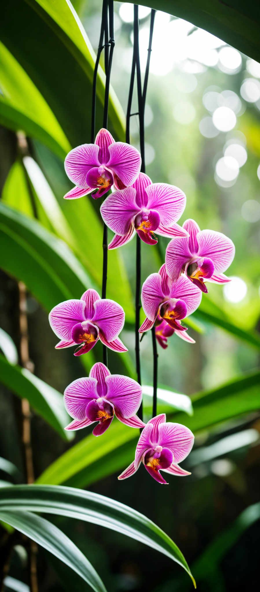 A cluster of pink orchids with yellow centers.