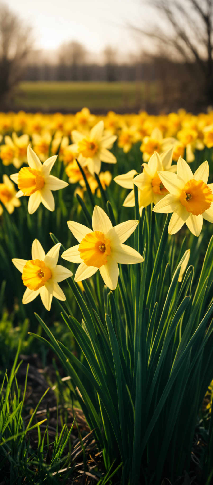 A group of yellow daffodils with green stems.