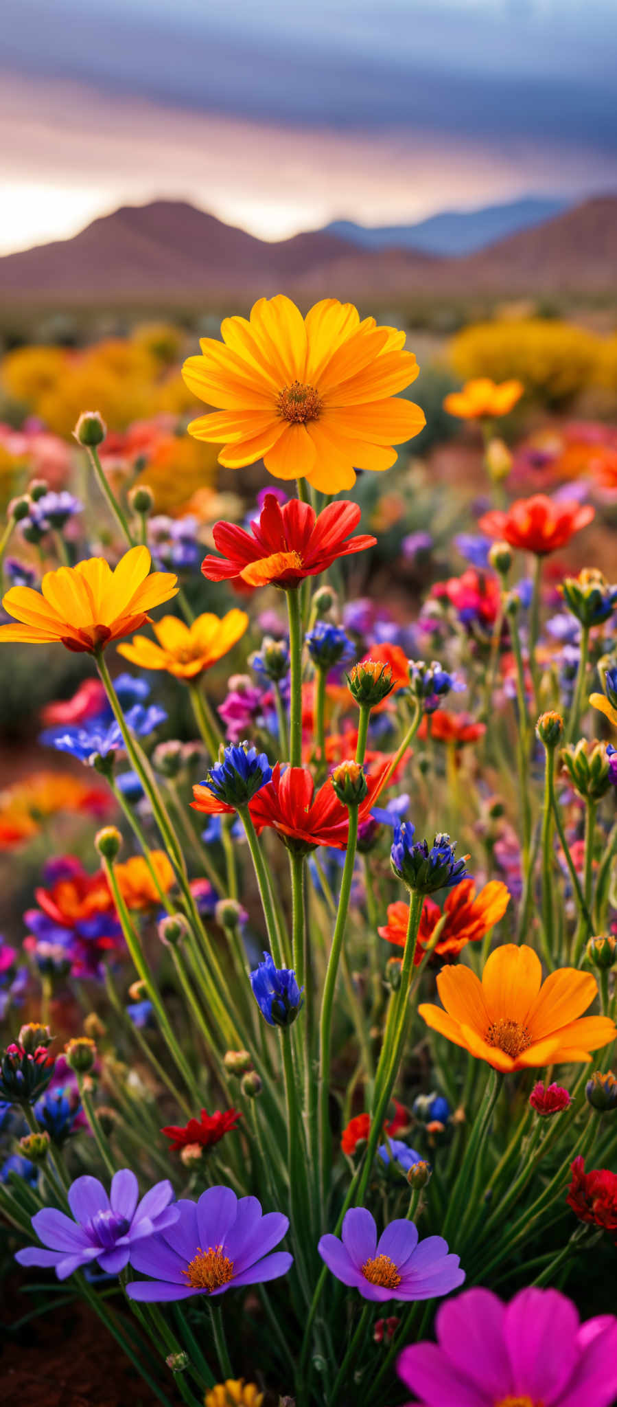 A vibrant garden scene is captured in this image. It features a variety of flowers in full bloom each exhibiting a unique color and type. The flowers are arranged in a seemingly random pattern creating a sense of natural chaos. The colors of the flowers range from bright yellows and oranges to deep reds and purples adding to the overall vibrancy of the scene. The background is a blurred garden setting providing a sense depth and context to the image without distracting from the main subject. This image is a beautiful representation of the diversity and richness of nature.