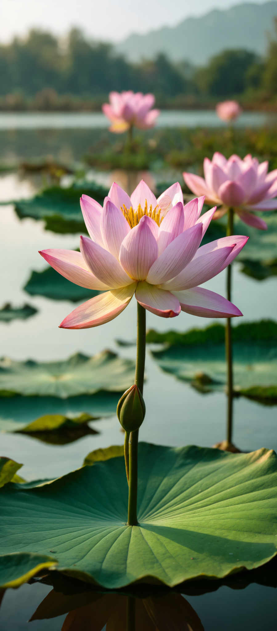 A beautiful pink and white lotus flower with a yellow center.